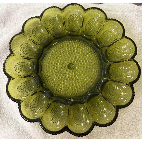 Indiana Glass Other - Vtg Indiana Glass Avacado Green Hobnail Deviled 15 Egg Dish Tray Plate 1960'sMCM